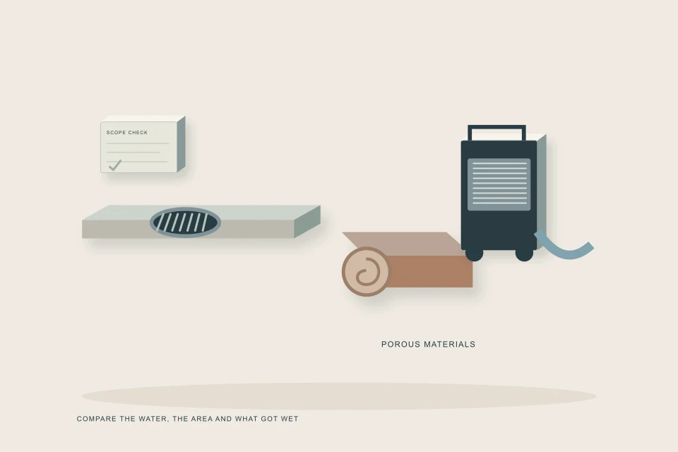 Conceptual illustration of hard-surface spill assessment beside porous carpet and restoration equipment