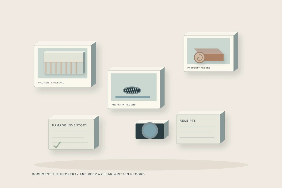 Conceptual illustration of property photographs inventory notebook receipts and evidence camera