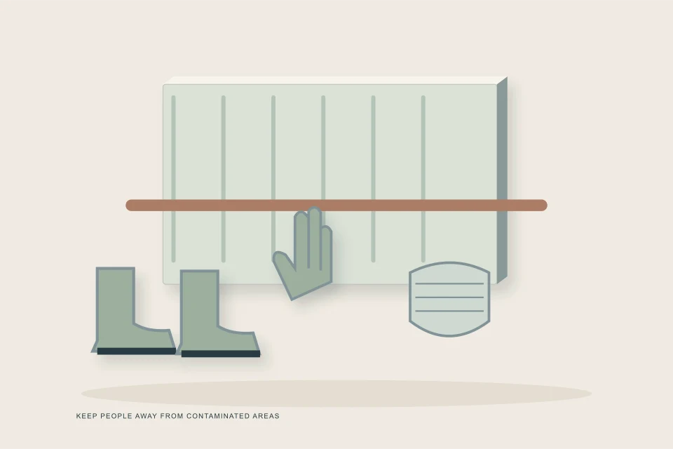 Conceptual illustration of closed access barrier with boots gloves and protective equipment outside it