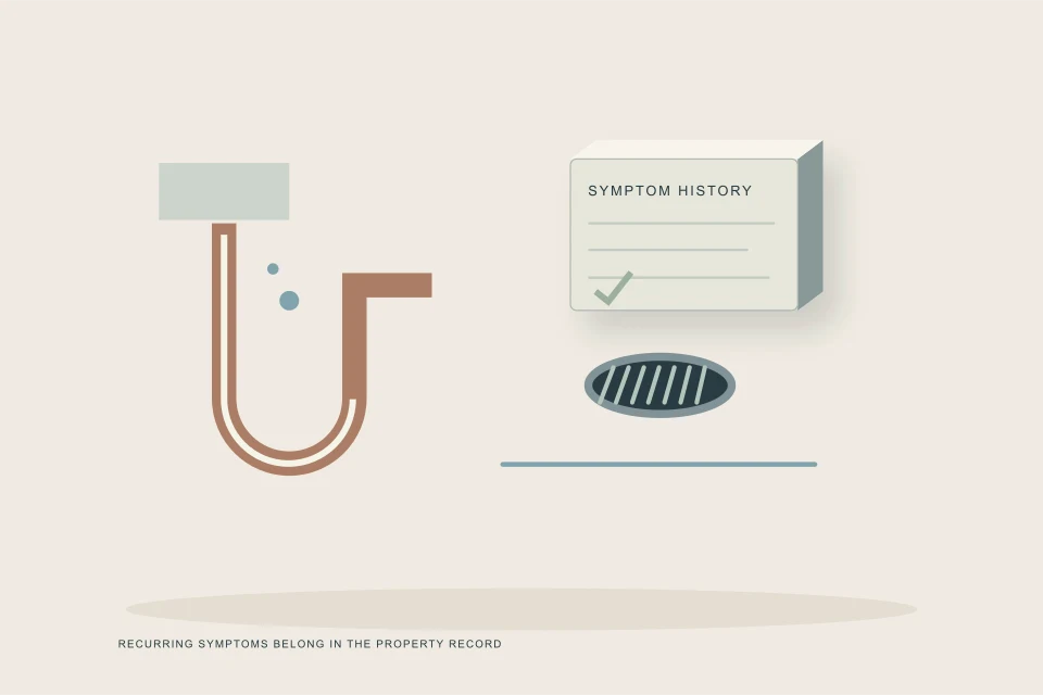 Conceptual illustration of drain trap gurgle pattern low floor drain and recurring symptom record