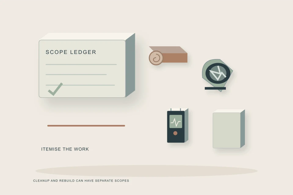Conceptual illustration of cleanup scope ledger with removal extraction drying and rebuild samples