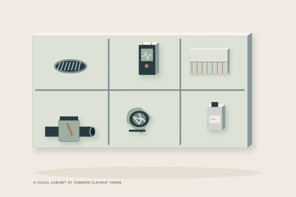 Conceptual illustration of restoration terminology cabinet with drain valve moisture meter and drywall sample