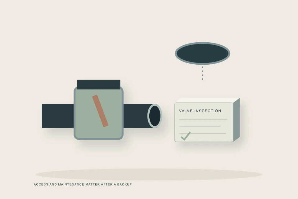 Conceptual illustration of backwater valve flap access cover and maintenance inspection sheet