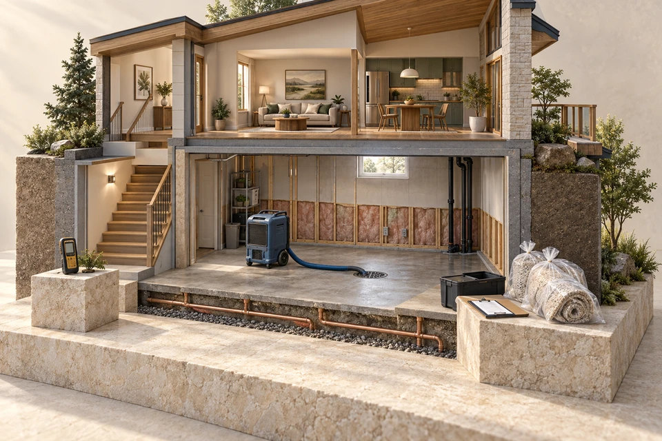 Original architectural cutaway of a Canadian home with an exposed basement wall, drying equipment, moisture meter and documented removed carpet